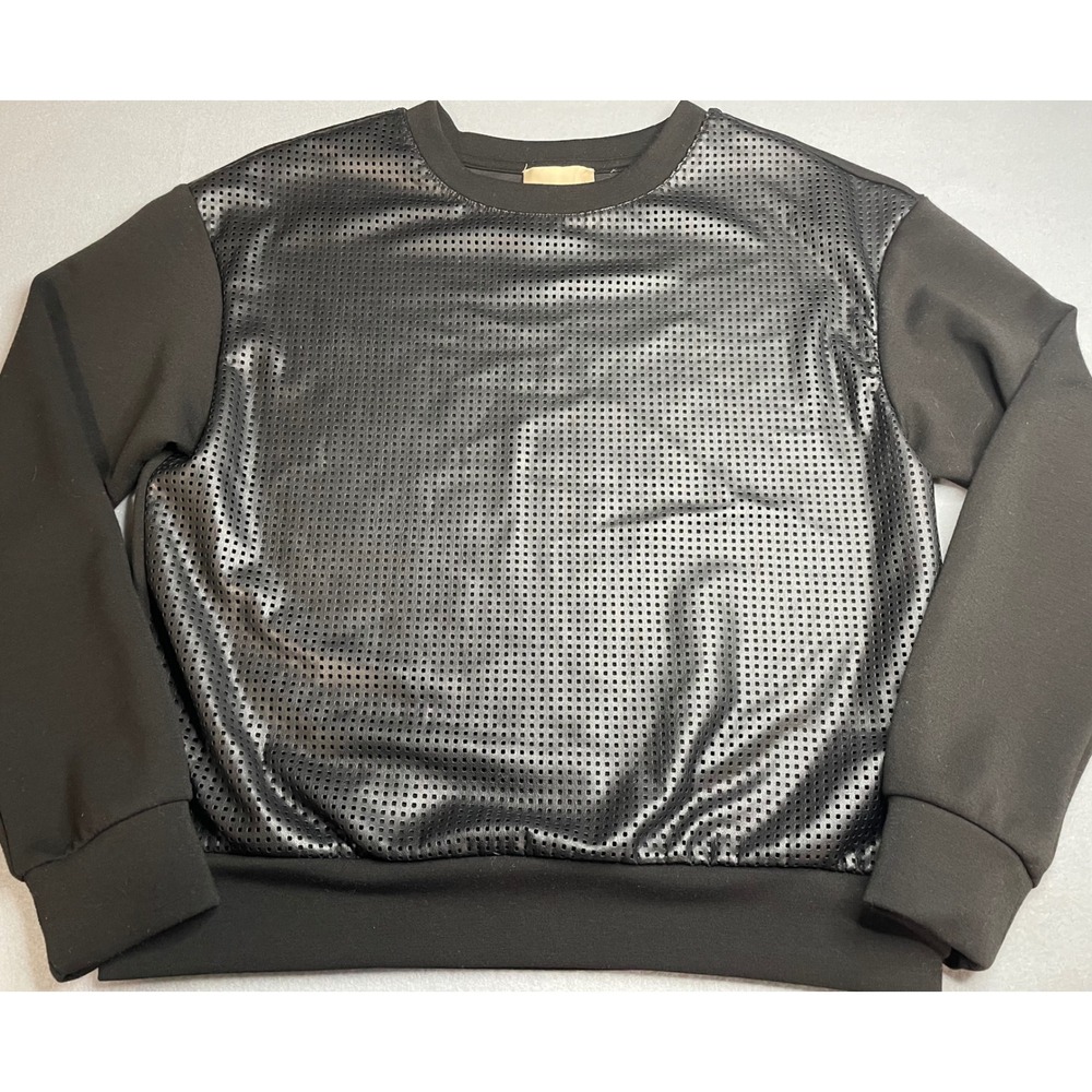 Elie Tahari Womens Perforated Faux‎ Leather Front Sweatshirt Black XS TP